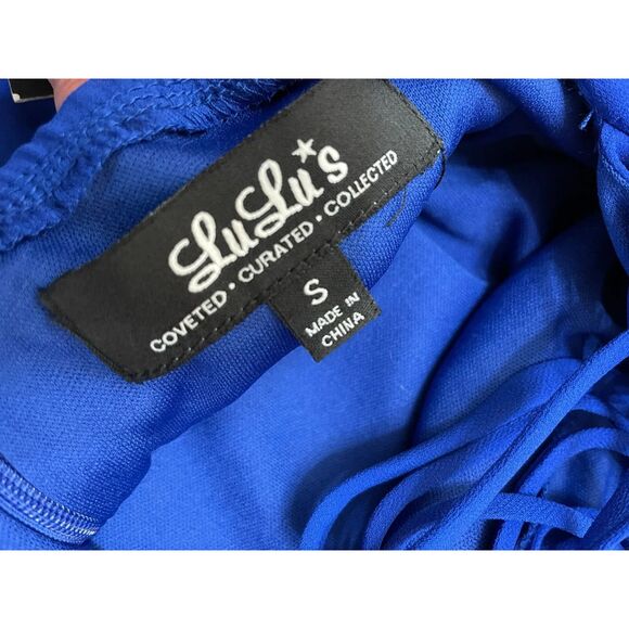 Lulus Good Deeds Women's Dress Fit & Flare Skater Mini Lace-Up Apron Neck S Blue - Picture 8 of 10